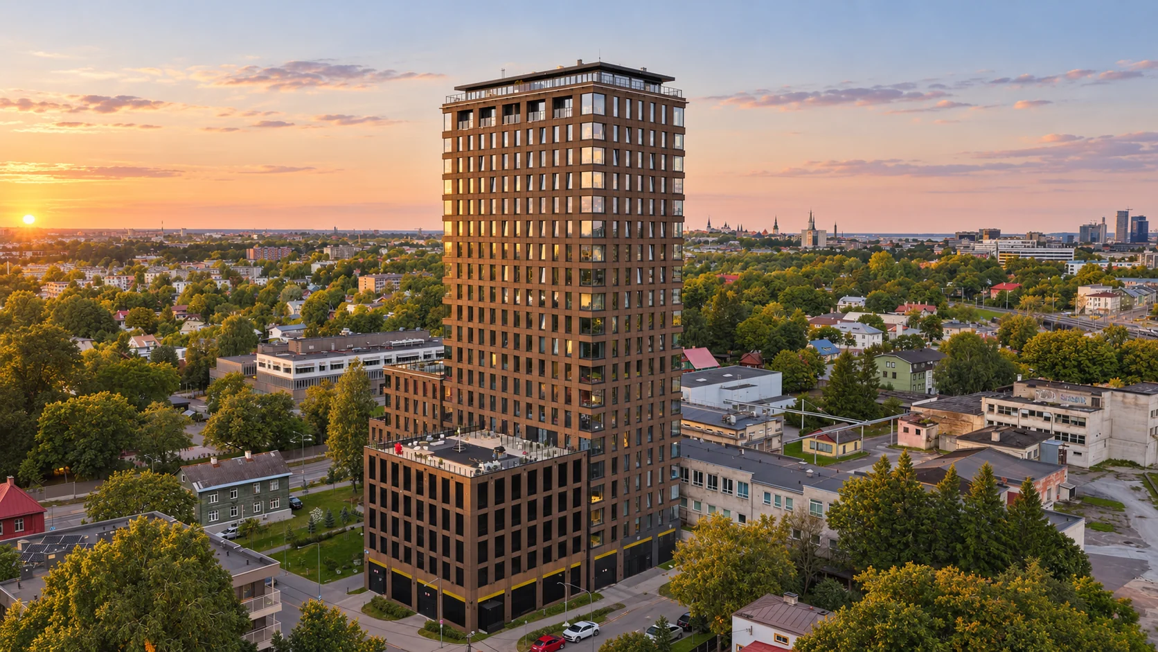 The terrace of Seebi 1, looking out over Tallinn at sunset